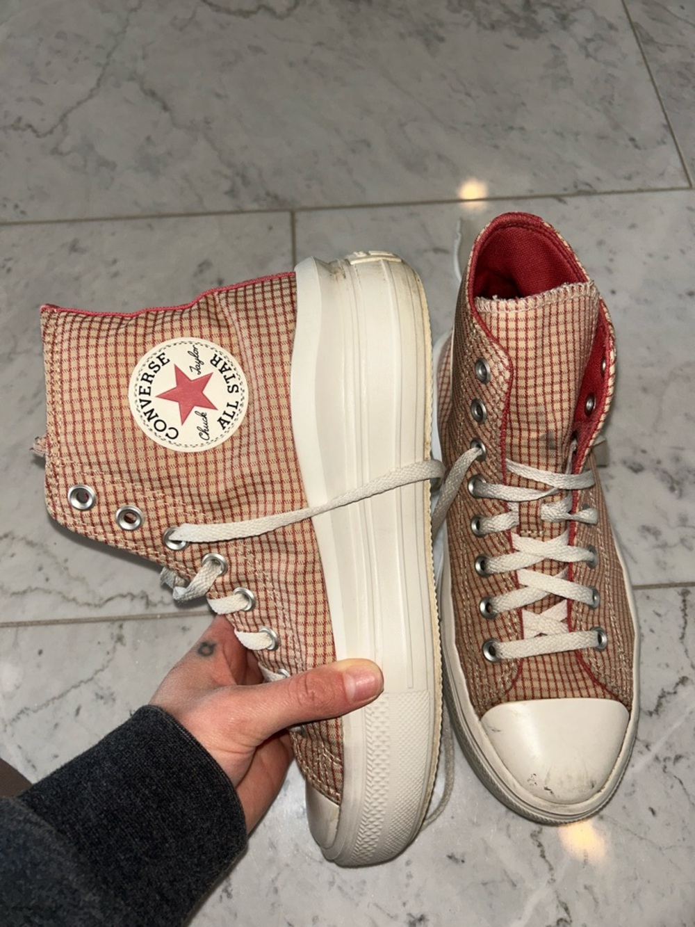 Converse High Top Sneakers — Red and Cream Plaid
